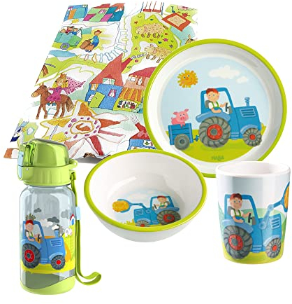 Haba Geschirrset Traktor Melamin Kindergeschirr Geschenkset (mit Trinkflasche)