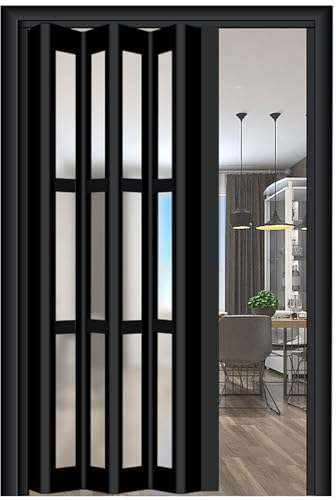FalttüR Raumteiler Schiebetür Schwarz, 38×80in Folding Akkordeon Tür Innen Mit Griffen & Acryl Gläser / Multifold Innentür Für Küche Waschküche Raumteiler ( Color : WxH 5-19 , Size : 78x80in(198.1x203