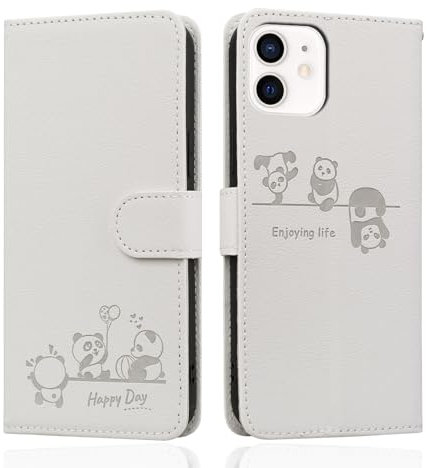 Butnyeoe for iPhone 12 Mini Phone Case, iPhone 13 Mini Wallet Case, Leather Magnetic Book Flip Protective Cover with Card Holder, Cute Cartoon Panda White