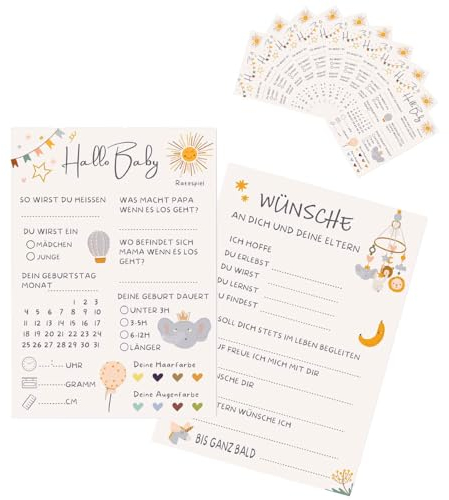 Babyparty Spiele Karten, Babyshower Spiele Karten zum Ausfüllen – Deko Baby Shower Party Spiel Jungen und Mädchen – 10 Tippkarten für die Gender Reveal Feier und Babyparty – Beidseitig Bedruckt