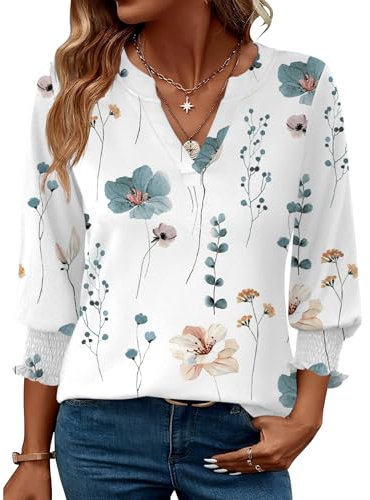 Rapbin Damen Mode Elegant Bluse 3/4 Ärmel langerm Tunika Sommer Top Lässig Locker Oberteil 2025 (XL, Weiß Blau Blumen)