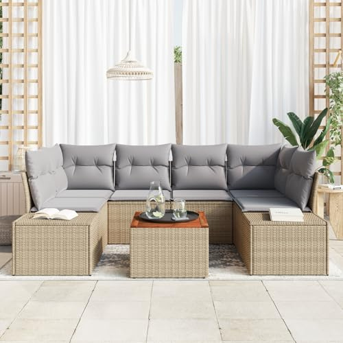 Vopese 7-teiliges Garten Sofa Set mit Kissen Beige Poly Rattan Akazie Lounge Sofa Outdoor Model3347910
