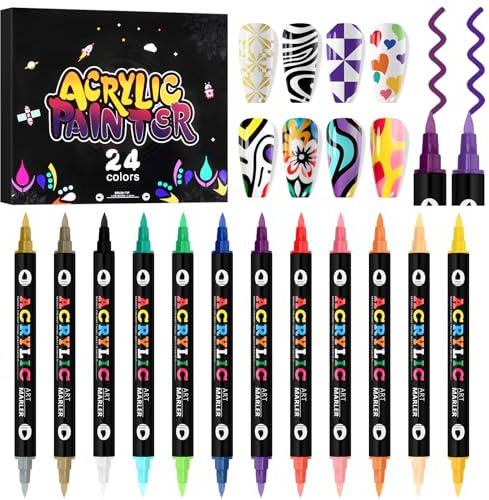 Kalolary Stylos Acryliques Nail Art, 24 couleurs Acryliques, Double pinceau | Séchage rapide - Imperméables - Encre lisse pour la peinture à ongles - Manucure et loisirs créatifs