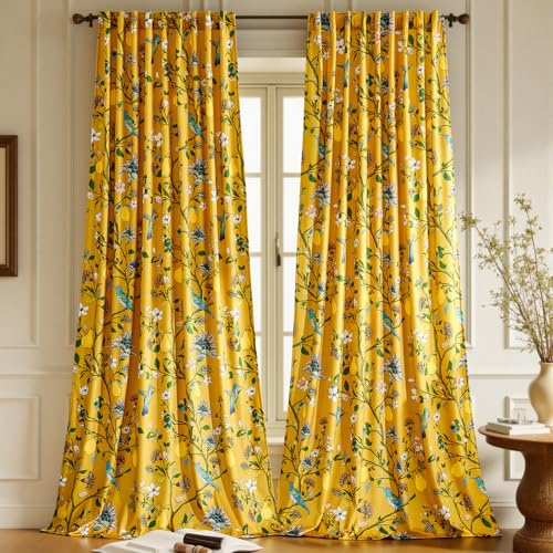 GIGIZAZA Gelbe Samt Vorhänge Blackout Blumen 2er Set 140x225cm Blätter Vogel Muste Vintage Vorhang，Verdunkelung Hitzeschutz Schiebevorhänge Für Schlafzimmer Wohnzimmer