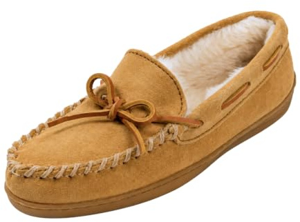 Minnetonka Women's Pile Lined Hardsole Moccasin Slippers, Tan, 8 M US