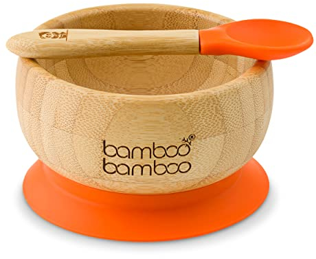 Ensemble bol pour bébé avec ventouse et cuillère assortie, stabilisation du bol par ventouse, Bambou naturel (Orange)