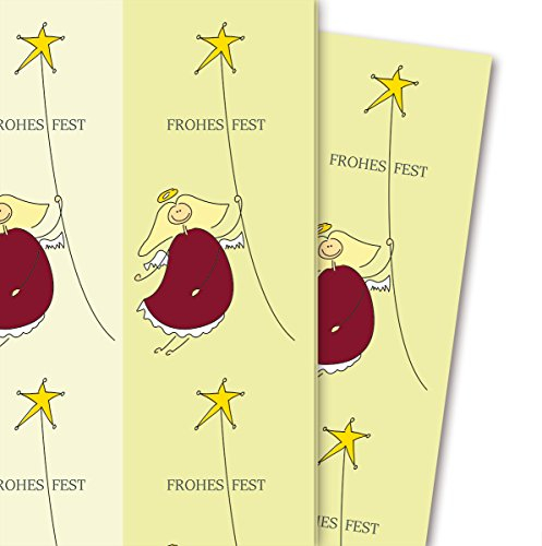 Streifen Weihnachtspapier/Geschenkpapier Sternen Engel, gelb grün (4 Bögen, 32 x 48 cm) Dekorpapier, Papier zum Einpacken, für tolle Geschenk Verpackung und Überraschungen