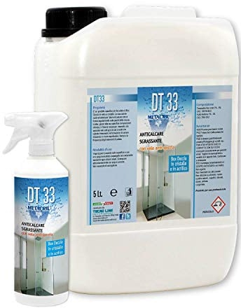 Detergente e Disincrostante ANTIGOCCIA per box doccia e pareti in cristallo + Flacone vaporizzatore per la ricarica. DT33 5 Lt.
