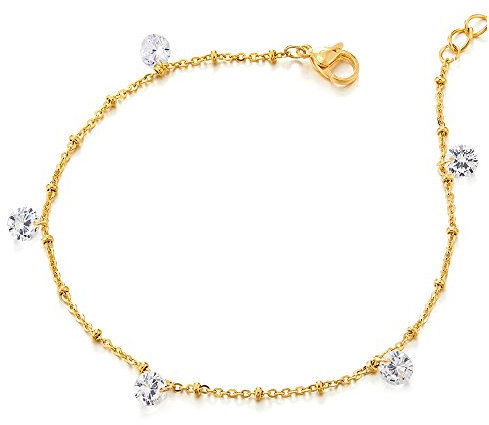 COOLSTEELANDBEYOND Acier Inoxydable Couleur d'or Femme Bracelets de Cheville avec Zircone Cubique et Grelot