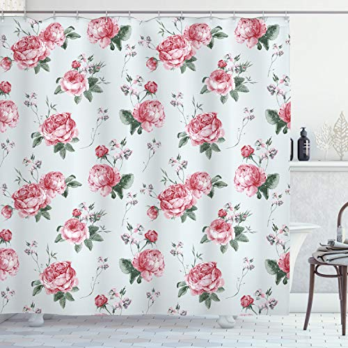 ABAKUHAUS Rose Duschvorhang, Rosa Blüten-Englisch Flora, Stoffliches Gewebe Badezimmerdekorationsset mit Haken, 175 x 200 cm, Reseda Grün