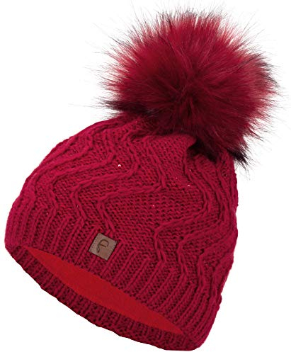 Faera Mütze Damen Wintermütze warm gefüttert mit Kunstfell Bommel Bommelmütze Fleecefutter Winter Strickmütze Beanie, Farbe:Rot