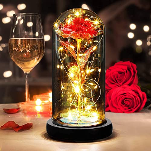 DASIAUTOEM Rose Eternelle sous Cloche, Cadeau pour la Saint Valentin,La Belle et la Bête Rose Eternelle,Rose Dôme en Verre Fleur Artificielle avec LED Lumières Cadeau pour Elle,Petite Amie,Femme,Maman