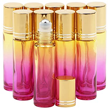 Rowiz 10pcs Essential Oils Roll on Bottles,10ml Refillable Empty Glass Rollerball Bottles with Golden Cap for Homemade Perfume Fragrance Aromatherapy Oils,Yellow Rose Gradient