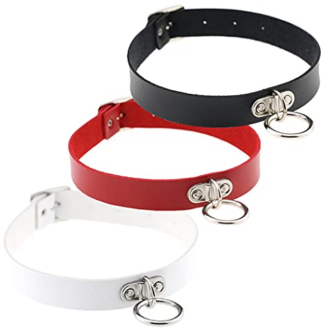 Aabellay 3PCS Breit Lederhalsband Halskette Damen Leder Choker Metall Ring Halsband Gotik Punk Rock Lederband Einstellbar Kragen - Schwarz Weiß Rot