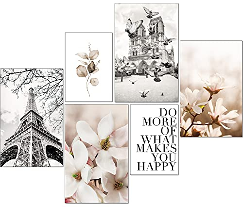 artpin® Moderne Poster Set - Bilder Wohnzimmer Deko Schlafzimmer - Paris Blumen schwarz weiß Bilderwand ohne Rahmen (4x A3 | 2x A4) W14