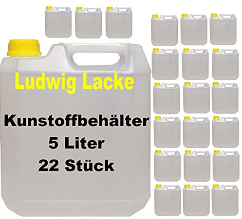 22 récipients vides en plastique de 5 litres avec couvercle à vis.