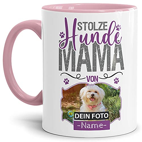 Tasse mit Spruch - Collage Hundemama - Für alle Hundefreunde und Hundebesitzer - mit Wunschname und Foto Personalisieren - Keramiktasse - Innen & Henkel Rosa, 300 ml