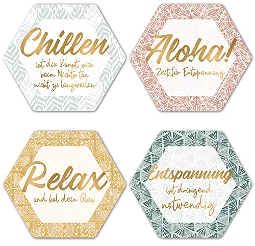 Interluxe LED Untersetzer Hexagon 4er Set - Entspannung - Vier leuchtende Design Untersetzer als Tischdeko, Geschenk für Freunde & Bekannte, Familie, Aloha, Relax