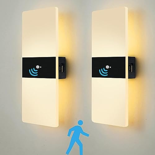 VOMI Akku Wandleuchte mit Bewegungsmelder, LED Innen Wandlampe Ohne Stromanschluss USB Aufladbare 4000mAh Batterie Magnetische Lampe 3000K Kabellose Wandbeleuchtung für Flur Treppen, 2 Stück