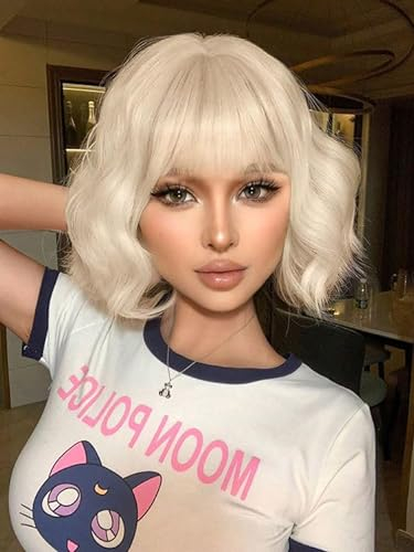 LEMEIZ White Blonde Curly Bob Wig with Fringe, Synthetic Hair Short Wob Silver White Wig for Cosplay 12 inch LEMEIZ-134-14