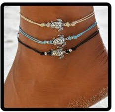 Wedity Schildkröten-Fußkettchen-Set, Perlen-Fußkettchen, mehrschichtige Ketten-Accessoires, geflochtener Strand-Fußschmuck, verstellbar für Frauen und Mädchen