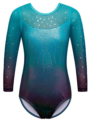 ZNYUNE Kinder Gymnastik Trikot mit Pailletten Mädchen Gymnastikanzug 3/4 Hülse in Tüll B285 Aqua 12A