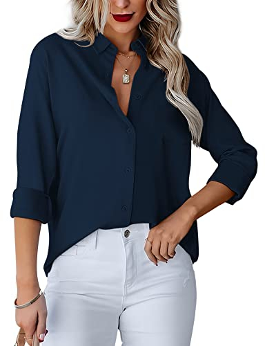 Homlan Damen Bluse V-Ausschnitt Hemd Langarm Elegant Lässige Oberteile Knopfleiste Hemdbluse Arbeit Einfarbig Langarmshirt mit Brusttaschen (Medium, Dunkelblau)
