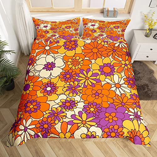 Homewish Girls Boho Floral Duvet Cover Hippie Flower Power Comforter Cover Super King Groovy Botanical Bedding Set For Adults Women Retro 60S 70S Bedspread Cover 2 Pillow Cases Colorful