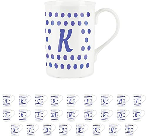 Purely Home Indigo Polka Dots Spots Letter K Mug - Fine Bone China Alphabet Initials Gift/Present Mug