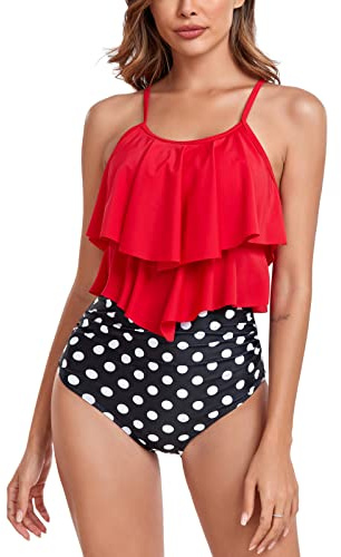 FLYILY Maillot de Bain Tankini pour Femme Haut Double à Volants Taille Haute Maillots de Bain 2 pièces Maillots de Bain(4-Red,S)