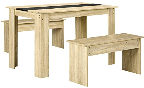 HOMCOM Essgruppe 3er-Set, Esstisch mit 2 Bänken, Küchentisch-Set für 4 Personen, Platzsparende Tischgruppe, Esszimmergruppe für Wohnzimmer, Küche, Eiche+Schwarz