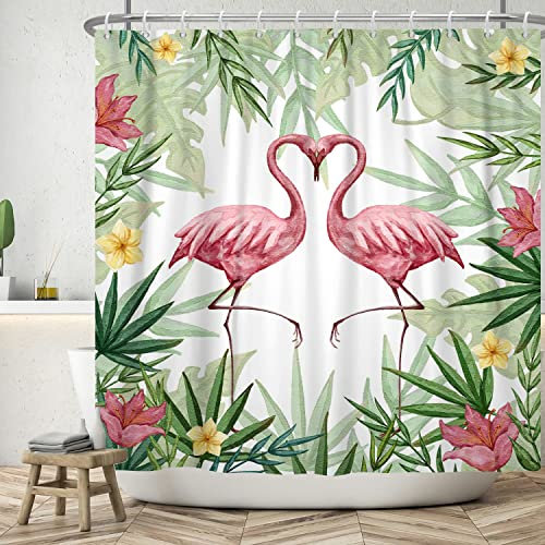 Ttincceer 180x180cm Rideau de Douche Flamant Rose d'été Plante Verte Feuille de Palmier Fleur Rideau de Salle de Bain Animal Tropical Rideaux de Douche botaniques Rideau de Baignoire étanche