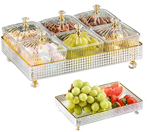 Dividing Tray with Lid, Plastic Serving Tray with 5 Compartments, Clear Compartment Refreshment Tray with Lid, for Sweets, Fruit, Nuts, Snacks.