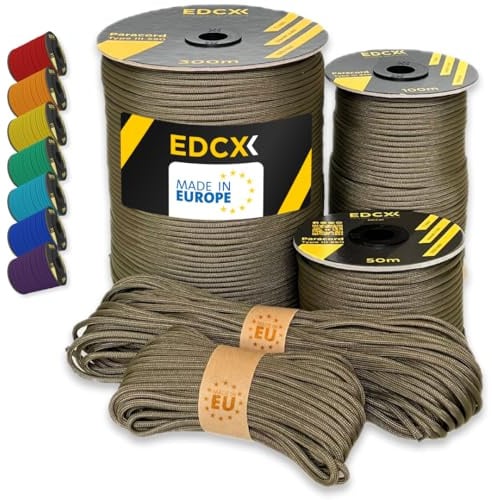 EdcX Paracord 550 4mm, 35+ Solid Colors (10m, 15m, 30m, 50m, 100m, 300m) | Light Khaki, 300 m – 100% Nylon Rope 4mm, Type III 7 strand | Survival, Camping, Bushcraft, Crafts | Made in EU