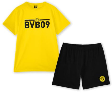 BVB Borussia Dortmund Schlafanzug schwarzgelb, Shirt, Hose, Exklusive Kollektion, BVB09 Schriftzug, 100% Baumwolle, kurz, Größe L