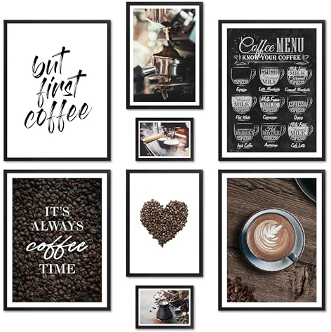ARTFAVES® Ensemble d'affiches decoration murale - AMOUR DU CAFÉ - 8 poster moderne - Salon & cuisine & salle à manger Décoration de café, expresso, heure du café - avec cadres noirs