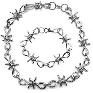 [Lerpwige] 1 Set Men's Punk Gothic Alloy Barbed Wire Brambles Necklace Bracelet Jewelry Set Stud Earrings for Women Sterling Silver Flat Back
