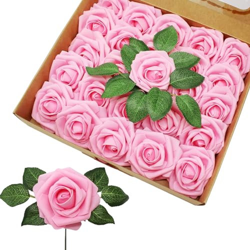 ATBEAMEN 25pcs Real Touch Fake Foam Roses - Pink, Faux Artificial Flowers with Stems for Wedding Bouquets, Mother's Day, Valentine's Day, Christmas Decor