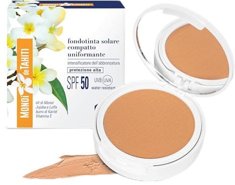 Helan Monoï de Tahiti - Fond de teint compact intensifiant le bronzage, protection solaire 50+ Fond de teint couvrant avec vitamine E beurre de karité huile de jojoba, 2en1 Face Make Up Skincare, 8 ml