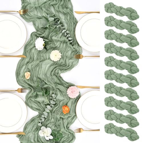 10er-Pack Tischläufer salbeigrün, Seihtuch-Tischläufer, 55 x 180 cm lang, Boho-Tischläufer, Gaze-Tischläufer für Festival, Geburtstag, Party, Hochzeit, Dekoration (Salbeigrün)