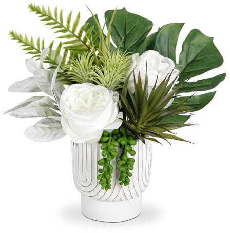 Arborus Rose bianche artificiali in vaso di ceramica, 28 cm, rose finte in seta bianca, fiori di Monstera, piante artificiali per interni, per casa, ufficio, cucina, bagno, camera da letto,
