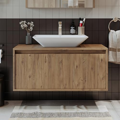 ROOMART • Juego de muebles de baño • Atlantic • Armario de baño de 4 piezas • Armario bajo de 100 cm con lavabo de cerámica • Armario con espejo • Armario alto (roble, lavabo con armario)