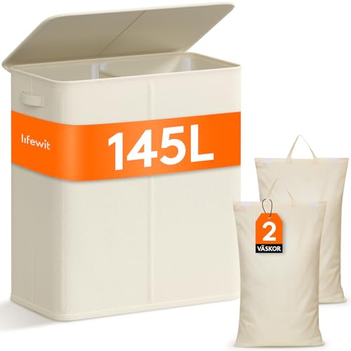 Lifewit 145L Wäschekorb 2 Fächer, Wäschesammler mit Deckel, Wäschekorb Wäschekörbe Groß 2 Abnehmbarem Wäschesack, Laundry Baskets mit Griffen, Waschenkorbe Wäschetonne Wäschesortierer, Weiß