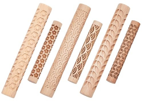 CREATCABIN Set of 6 Clay Modeling Pattern Rollers Kit 3 Style Flower Sea Wave Leave Textured Rolling Pins Potters Stamp Roller Tools for Ceramic Slabs Glaze Design Painting Handmade 5.91/3.94 Inch