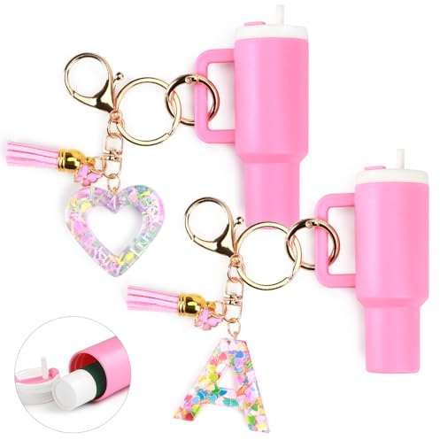 Mini Tumbler Keychain Accessories for Stanley Cup with Letter Charm, Initial Charms Chapstick Lip Balm Holder for Women Girl, Pink-heart-a