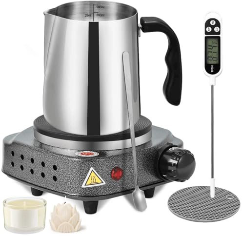 wax melter for candle making, Electric Wax Melter with Electric Hot Plate, 900ml stainless steel cup, Thermometer, potholder, Spoon, Anti-scald handle, wax melting pot for candle making