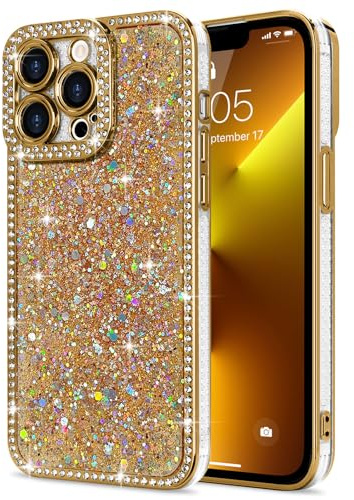 Lafunda Kompatibel mit iPhone 13 Pro Hülle Gold | Mädchen Frauen Schuzhülle Glitzer Pailletten Glänzend Bling Diamant Stoßfest Handyhülle mit Kameraschutz