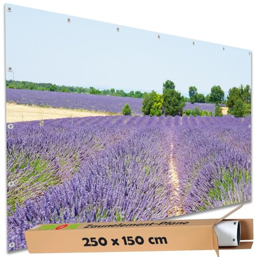 TRIOSK Sichtschutz Garten Deko Zaun Plane Blickdicht groß mit Zaunblende Motiv Lavendel Blüten Blumen Feld für Balkon Terrasse Zaunelement Doppelstabmatten Gartenzaun PVC 250x150 cm