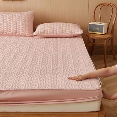 Homxi Drap Housse Hotel,160 x 200 CM,Cache Sommier Coton Couleur Unie avec Motif Géométrique Drap pour Lit Rose