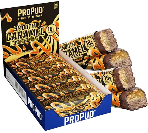 ProPud Smooth Caramel Protein Bar 18g Protein (12x55g), Soft Combination of Chocolate and Creamy Caramel, No Added Sugar, Perfect Pre and Post Workout Nutrition
